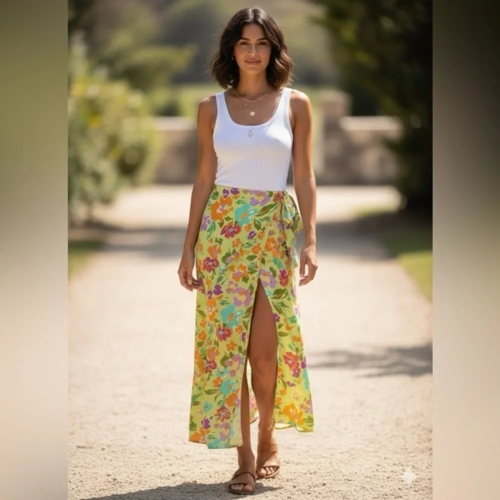 Le Lis Collection Floral Wrap Maxi Skirt Green Multicolor Vacation Small